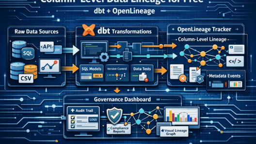Infographic showing how dbt and OpenLineage create automated column‑level data lineage, with raw data sources feeding into dbt transformations and lineage metadata captured by OpenLineage, ending in governance dashboards for audit and compliance.