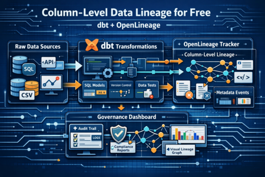 Infographic showing how dbt and OpenLineage create automated column‑level data lineage, with raw data sources feeding into dbt transformations and lineage metadata captured by OpenLineage, ending in governance dashboards for audit and compliance.