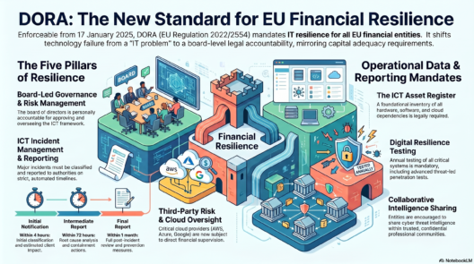 Infographic explaining the EU’s Digital Operational Resilience Act (DORA), showing its five pillars including governance, incident reporting, third‑party risk, ICT asset registers, and resilience testing.