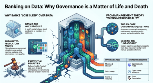 “Illustration showing a banker, secure data shield, and compliance icons symbolizing data governance challenges in banks.