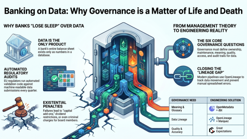 “Illustration showing a banker, secure data shield, and compliance icons symbolizing data governance challenges in banks.