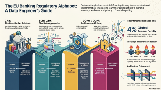 Infographic explaining CRR, BCBS 239, DORA, and GDPR with icons for banking, data lineage, resilience, and privacy, showing how EU banking regulations connect and impact data engineering