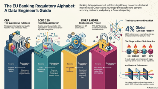 Infographic explaining CRR, BCBS 239, DORA, and GDPR with icons for banking, data lineage, resilience, and privacy, showing how EU banking regulations connect and impact data engineering