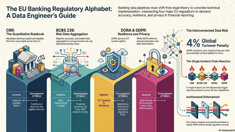 Infographic explaining CRR, BCBS 239, DORA, and GDPR with icons for banking, data lineage, resilience, and privacy, showing how EU banking regulations connect and impact data engineering