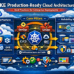 Infographic illustrating production‑ready GKE architecture, showing Google Cloud services, Kubernetes clusters, DevOps/GitOps workflows, SRE practices, observability, security, and disaster recovery components.
