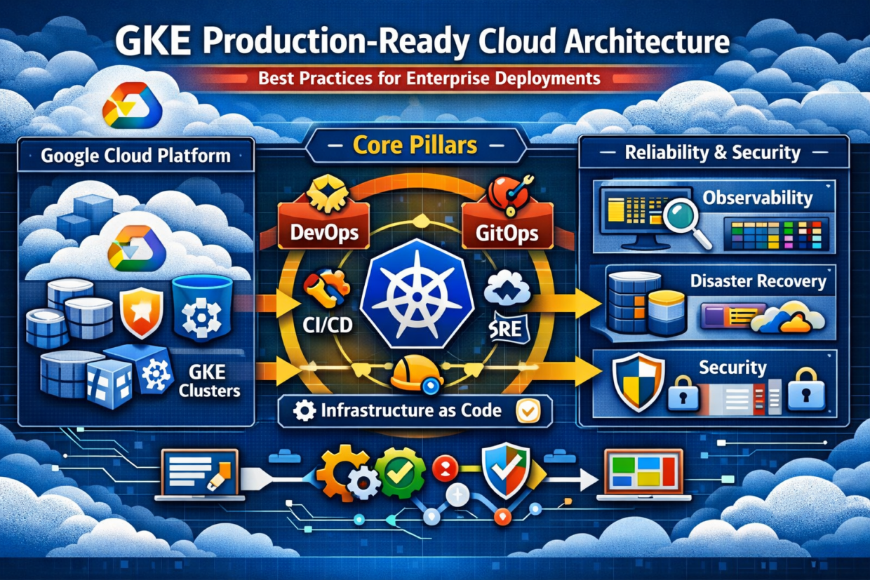 Infographic illustrating production‑ready GKE architecture, showing Google Cloud services, Kubernetes clusters, DevOps/GitOps workflows, SRE practices, observability, security, and disaster recovery components.