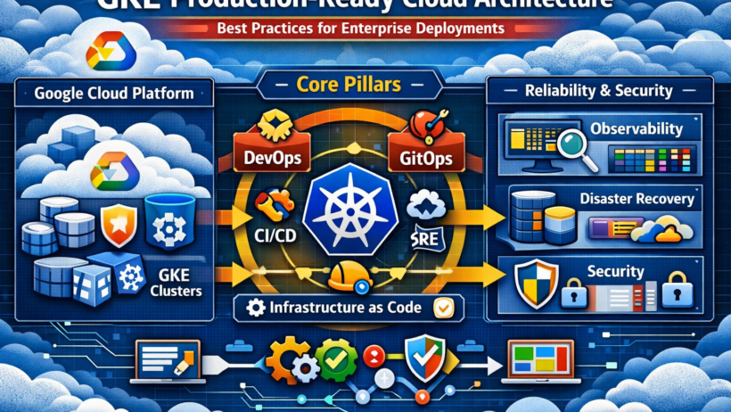 Infographic illustrating production‑ready GKE architecture, showing Google Cloud services, Kubernetes clusters, DevOps/GitOps workflows, SRE practices, observability, security, and disaster recovery components.