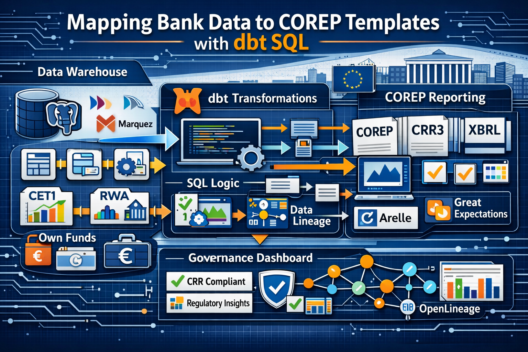 Infographic showing how dbt SQL maps bank data to COREP templates, connecting PostgreSQL, Trino, and Marquez data sources through dbt transformations to produce CRR3‑compliant XBRL reports using Arelle, Great Expectations, and OpenLineage.