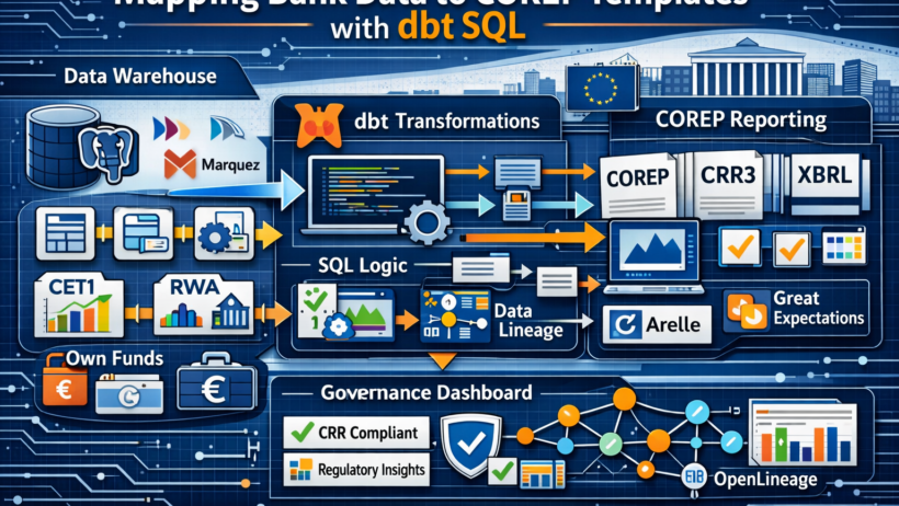 Infographic showing how dbt SQL maps bank data to COREP templates, connecting PostgreSQL, Trino, and Marquez data sources through dbt transformations to produce CRR3‑compliant XBRL reports using Arelle, Great Expectations, and OpenLineage.
