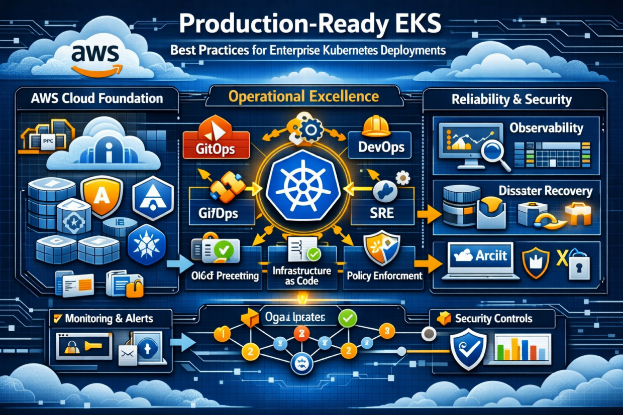 Infographic showing best practices for production‑ready EKS deployments, illustrating AWS cloud architecture, Kubernetes clusters, GitOps automation, observability, security, and disaster recovery principles.
