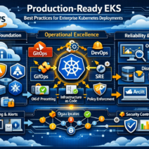 Infographic showing best practices for production‑ready EKS deployments, illustrating AWS cloud architecture, Kubernetes clusters, GitOps automation, observability, security, and disaster recovery principles.