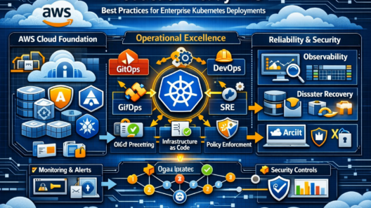 Infographic showing best practices for production‑ready EKS deployments, illustrating AWS cloud architecture, Kubernetes clusters, GitOps automation, observability, security, and disaster recovery principles.