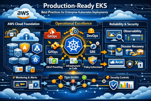 Infographic showing best practices for production‑ready EKS deployments, illustrating AWS cloud architecture, Kubernetes clusters, GitOps automation, observability, security, and disaster recovery principles.