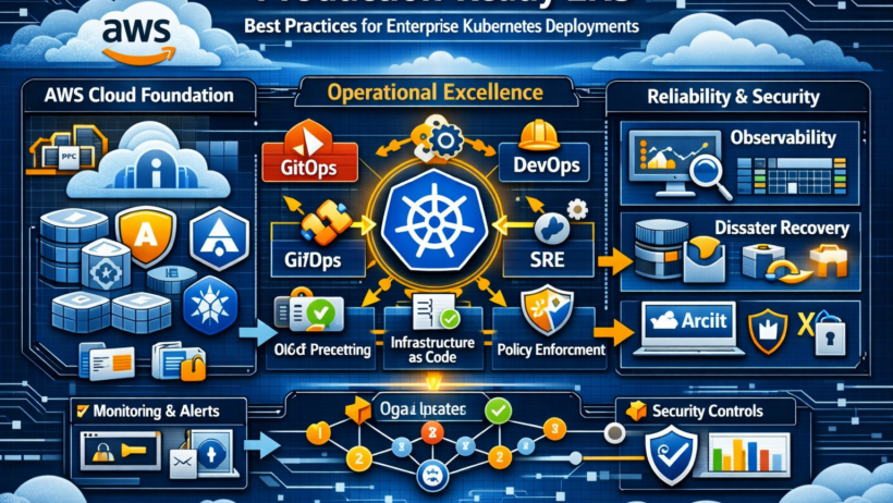 Infographic showing best practices for production‑ready EKS deployments, illustrating AWS cloud architecture, Kubernetes clusters, GitOps automation, observability, security, and disaster recovery principles.