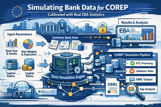 Infographic illustrating how simulated bank data flows through a COREP reporting pipeline, showing input parameters, a data simulation engine, synthetic data generation, and EBA‑calibrated analysis dashboards.