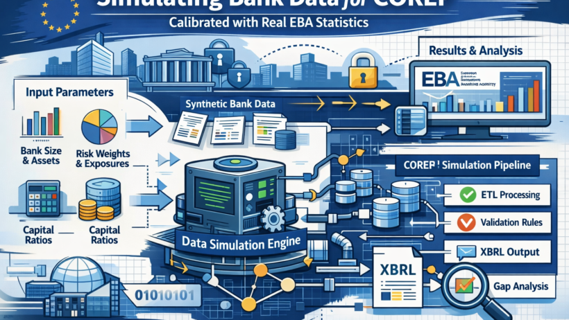 Infographic illustrating how simulated bank data flows through a COREP reporting pipeline, showing input parameters, a data simulation engine, synthetic data generation, and EBA‑calibrated analysis dashboards.